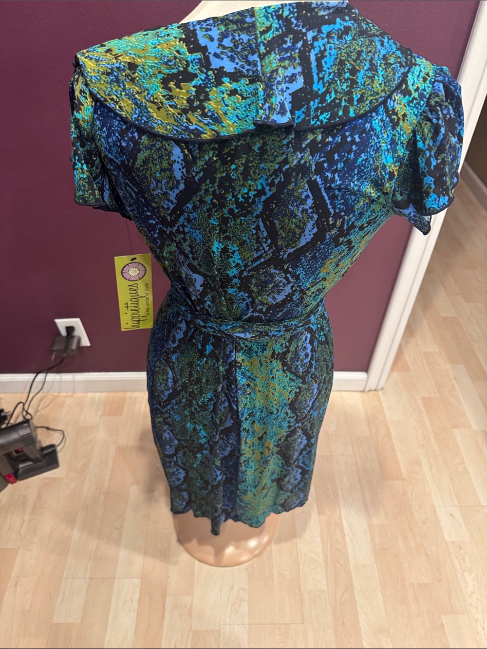 Draped V-Neck Mini Dress in Blue & Green Snake Print - Picture 2 of 5